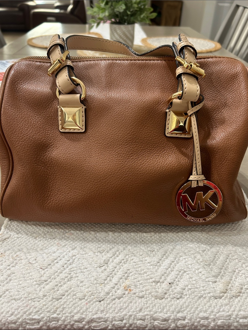 Michael Kors Cognac Pebbled Leather Satchel with Gold Hardware